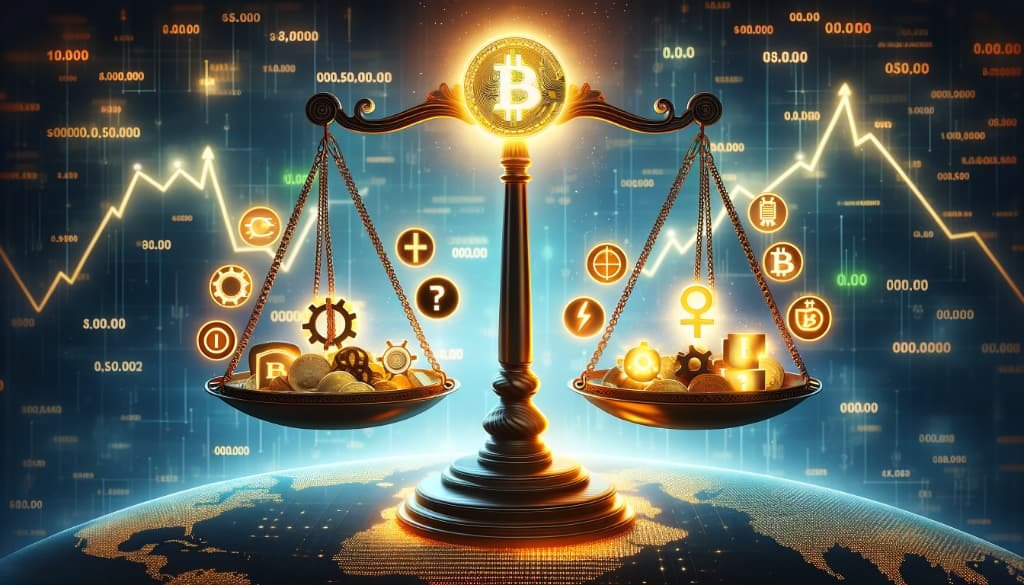 Bitcoin Risks: Safeguard Your Crypto Investment! 1 Balance scale with Bitcoin symbol and risk icons in digital landscape.